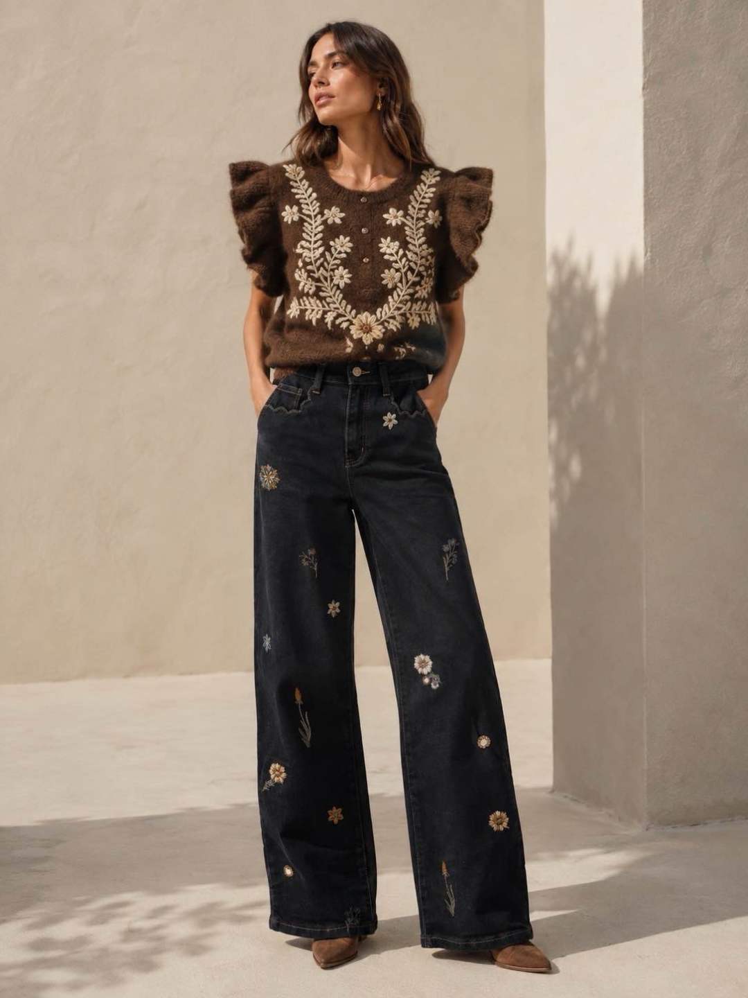 A woman stands outdoors against a beige stucco wall wearing a brown cropped sweater with cream floral embroidery and ruffled sleeves, paired with dark wide-leg jeans featuring scattered cream floral embroidery, and brown pointed-toe flats.