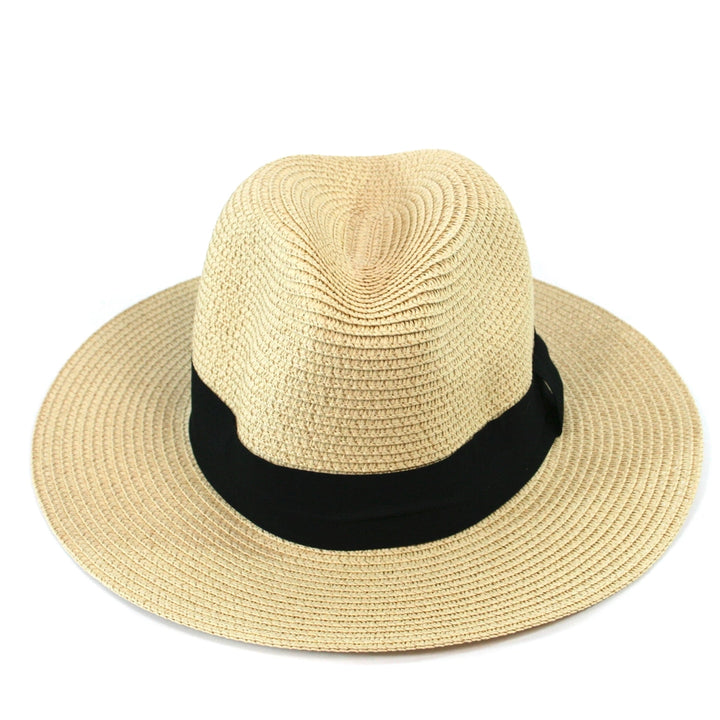Beige straw hat with a black band on a white background