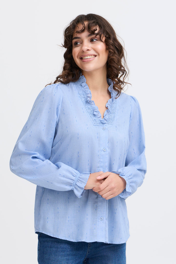 Fransa Bluebell long sleeved Shirt | Blue | White