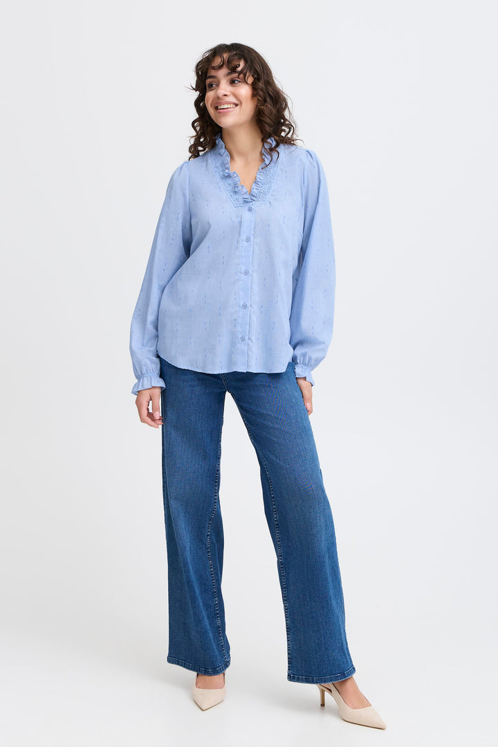 Fransa Bluebell long sleeved Shirt | Blue | White