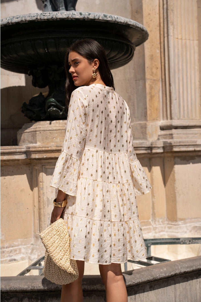 Glastonbury Silk Dress with printed gold dots | ecru