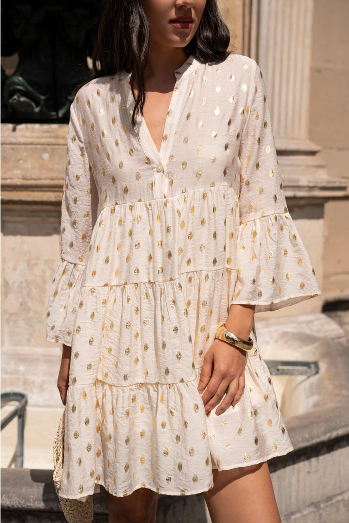 Glastonbury Silk Dress with printed gold dots | ecru