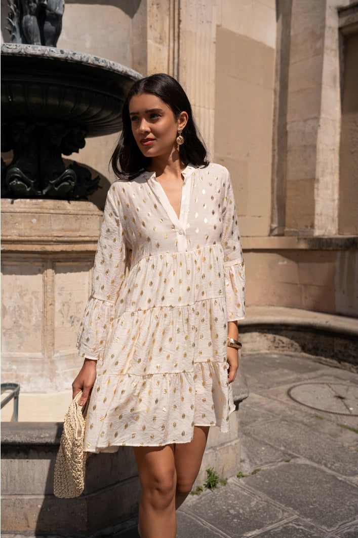 Glastonbury Silk Dress with printed gold dots | ecru