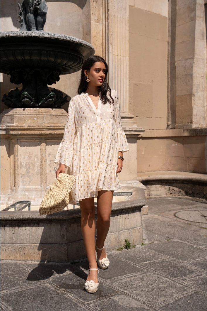 Glastonbury Silk Dress with printed gold dots | ecru