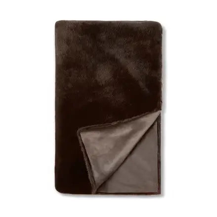 A dark brown plush throw blanket with a lighter brown reverse side, shown folded on a plain white background.