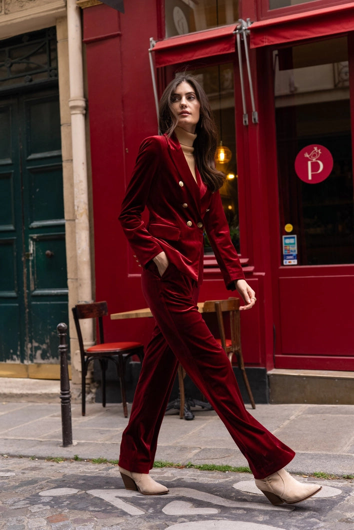 Victoria Straight-Cut Velvet Trousers in Bordeaux