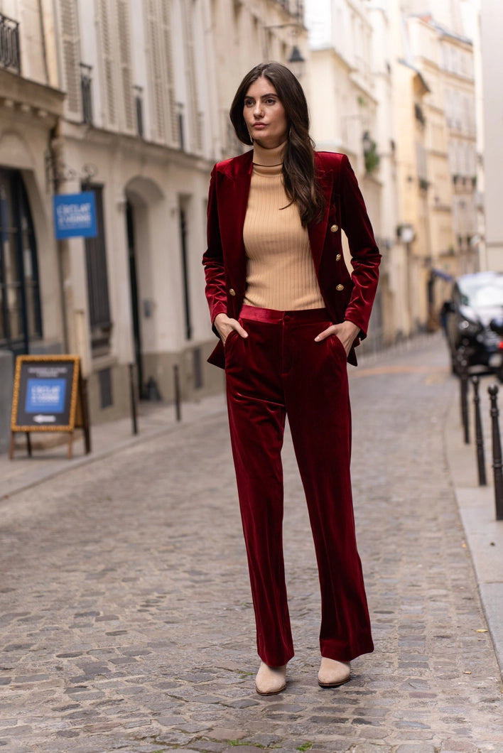 Victoria Straight-Cut Velvet Trousers in Bordeaux