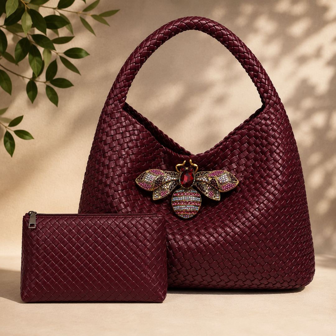 Large Weave Two in One Handbag - Burgundy