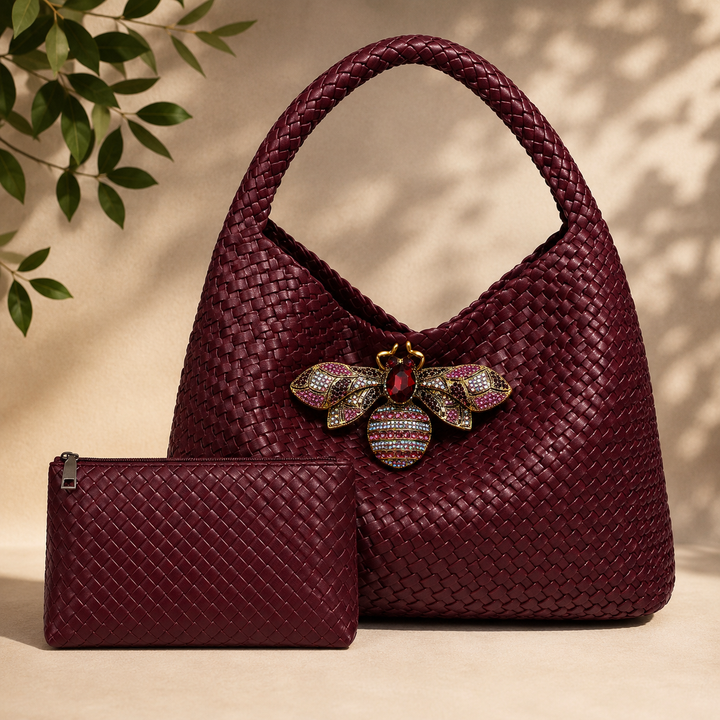 Large Weave Two in One Handbag - Burgundy