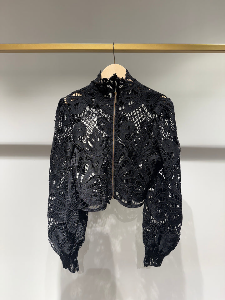 The Janette Lace Bomber Jacket - Black - Ecru
