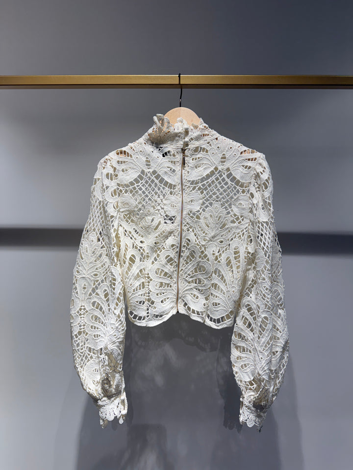The Janette Lace Bomber Jacket - Black - Ecru