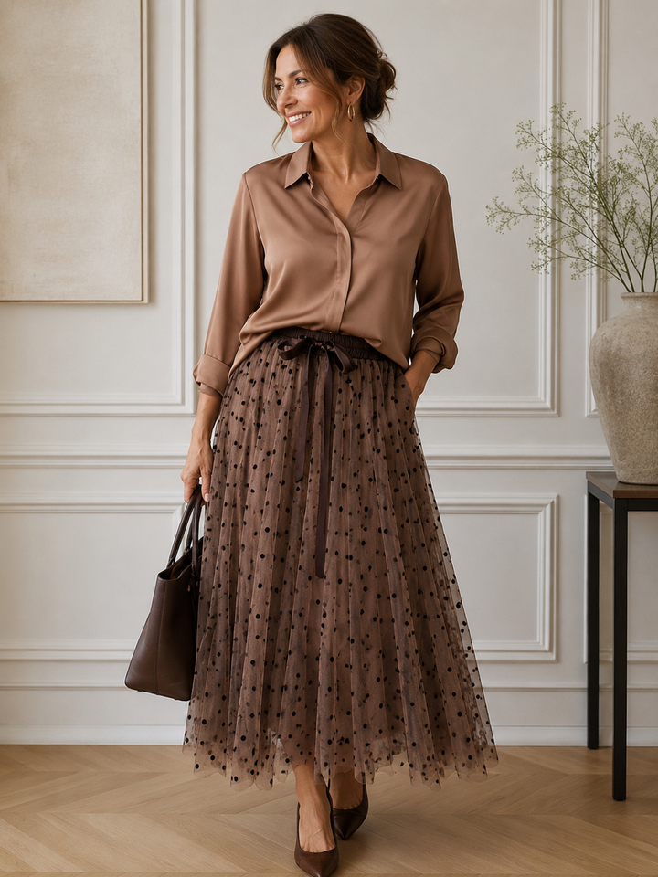 Liana Satin Shirt - Mocha - Ecru - ice Blue