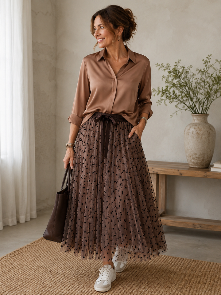 Liana Satin Shirt - Mocha - Ecru - ice Blue