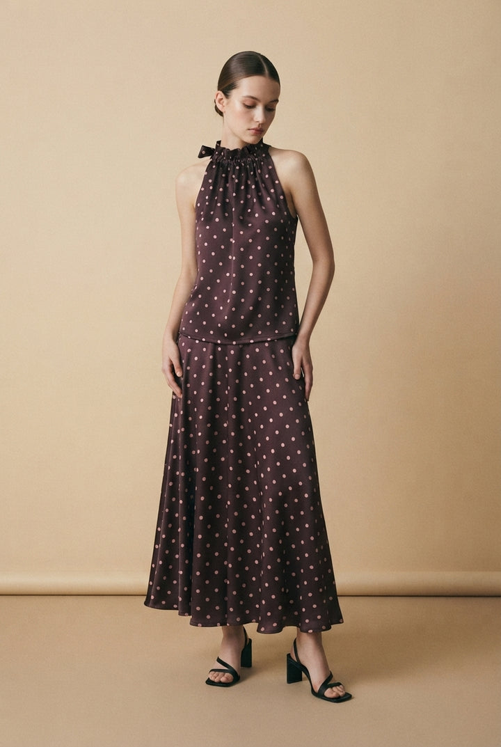 Alexis  Satin Polka-Dot Print Skirt - Plum & Blush dots