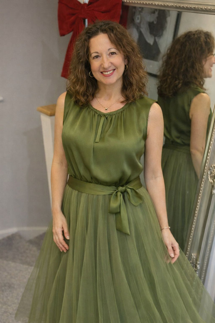 Kim Silk Blouse w/back Bow Tie - Salted Lime Green