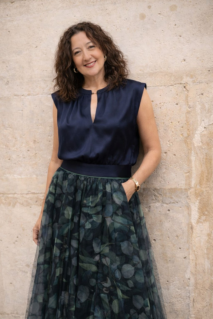 Kim Silk Blouse w/ back bow tie  - Navy Blue