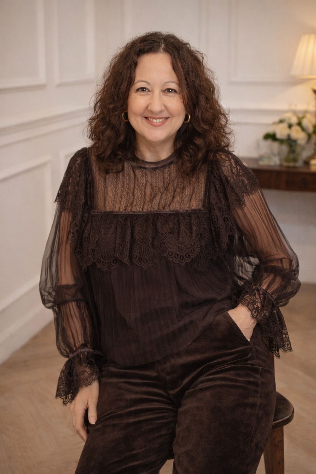 Brigitte Lace Blouse with Pleated Tulle - Brown or Ecru