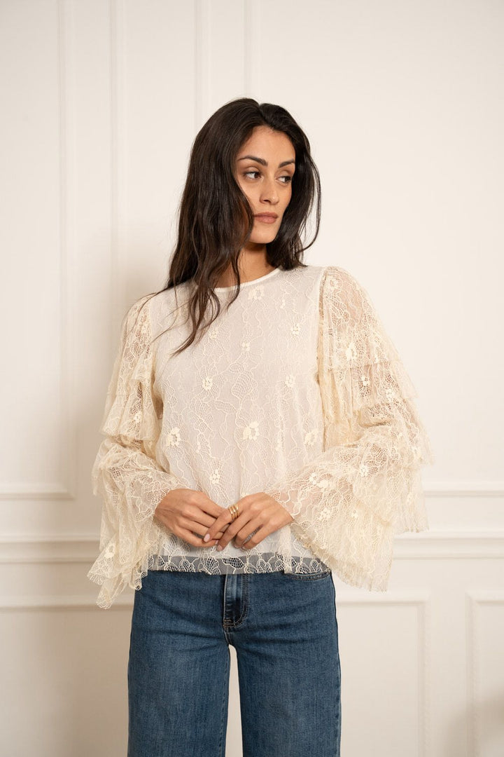 Valentina Lace Blouse w/Layered ruffle  sleeves - Light Beige