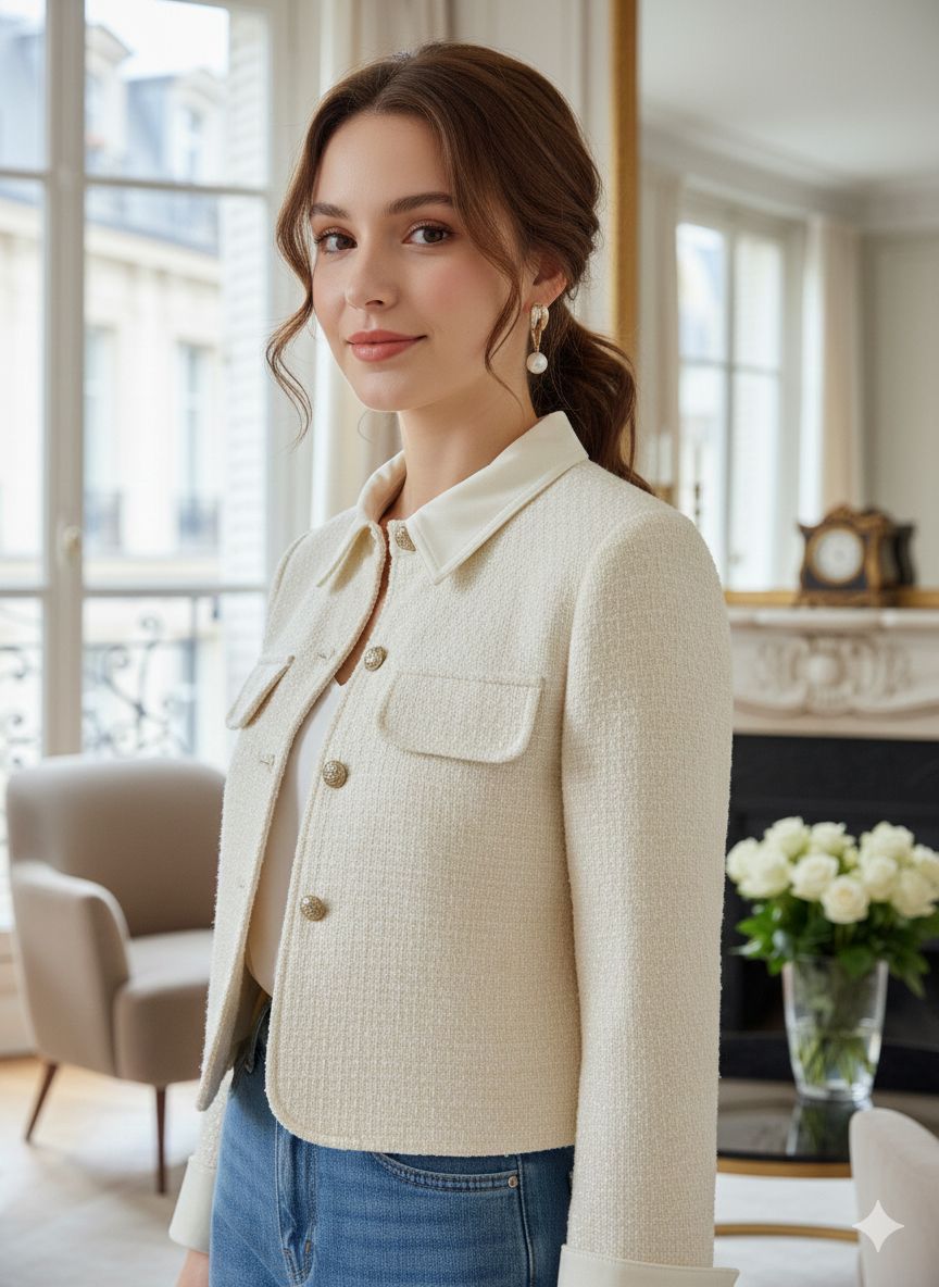 Sofia Tweed & Denim Sequin Jacket - Ecru