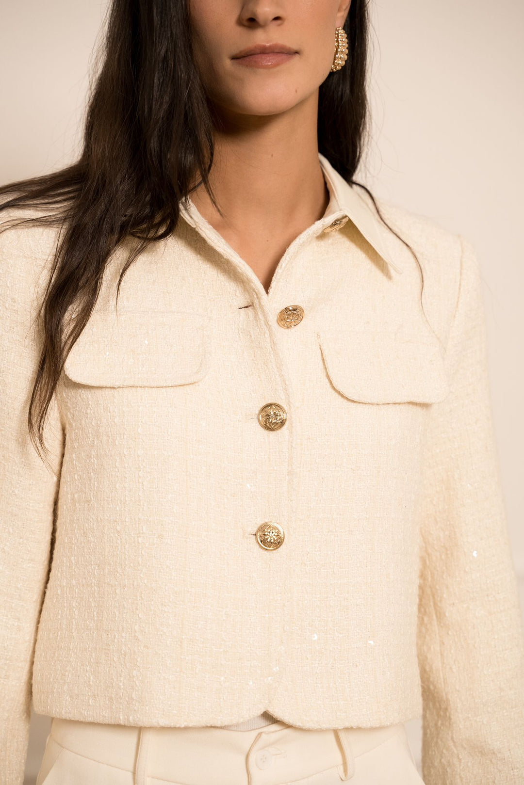 Sofia Tweed & Denim Sequin Jacket - Ecru