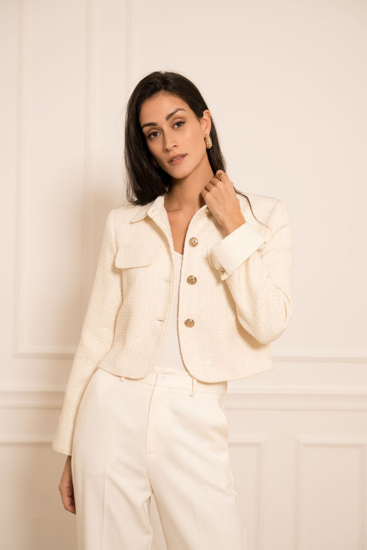 Sofia Tweed & Denim Sequin Jacket - Ecru