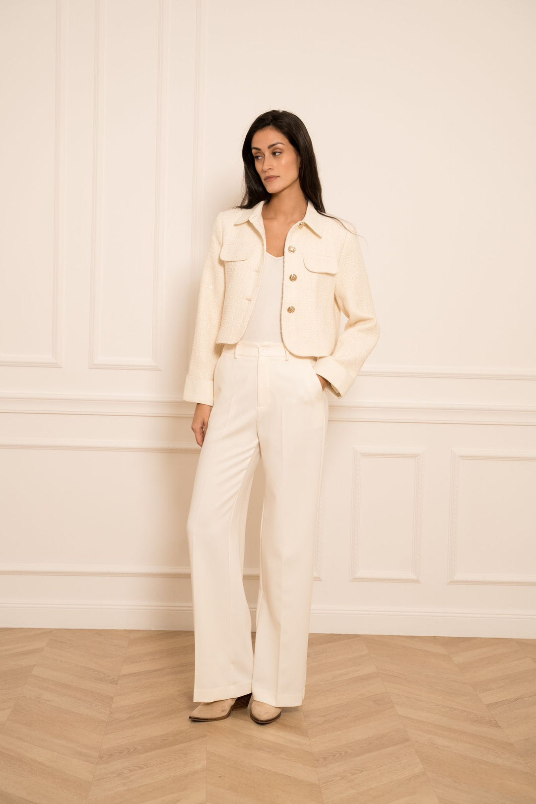 Sofia Tweed & Denim Sequin Jacket - Ecru