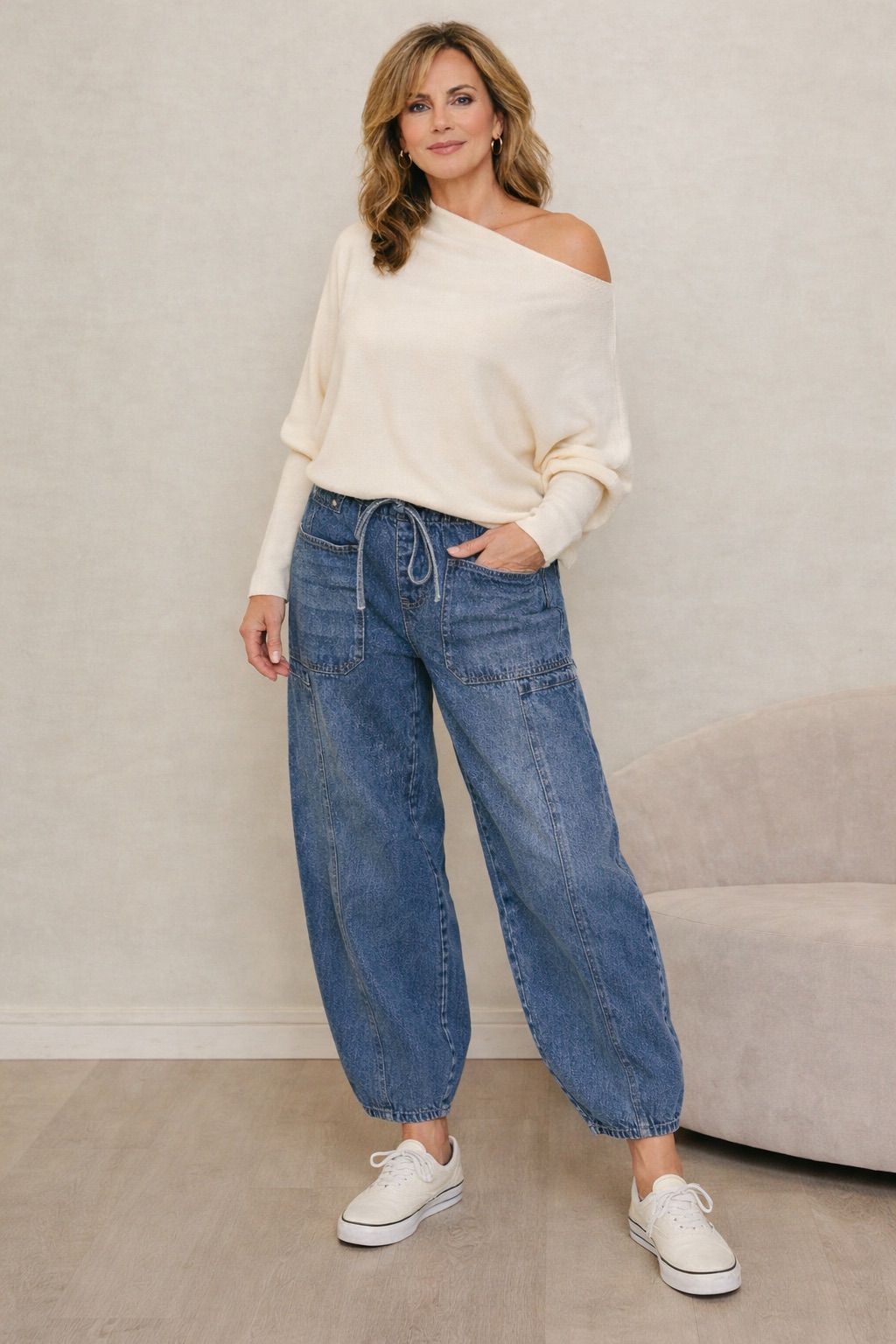 Keira Denim Drawstrings Barrel Jeans - Mid Wash