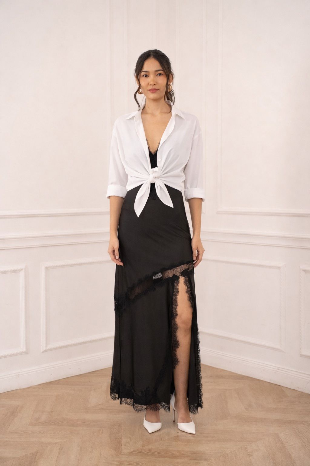 Valentina Asymmetrical Satin Lace Dress - Black