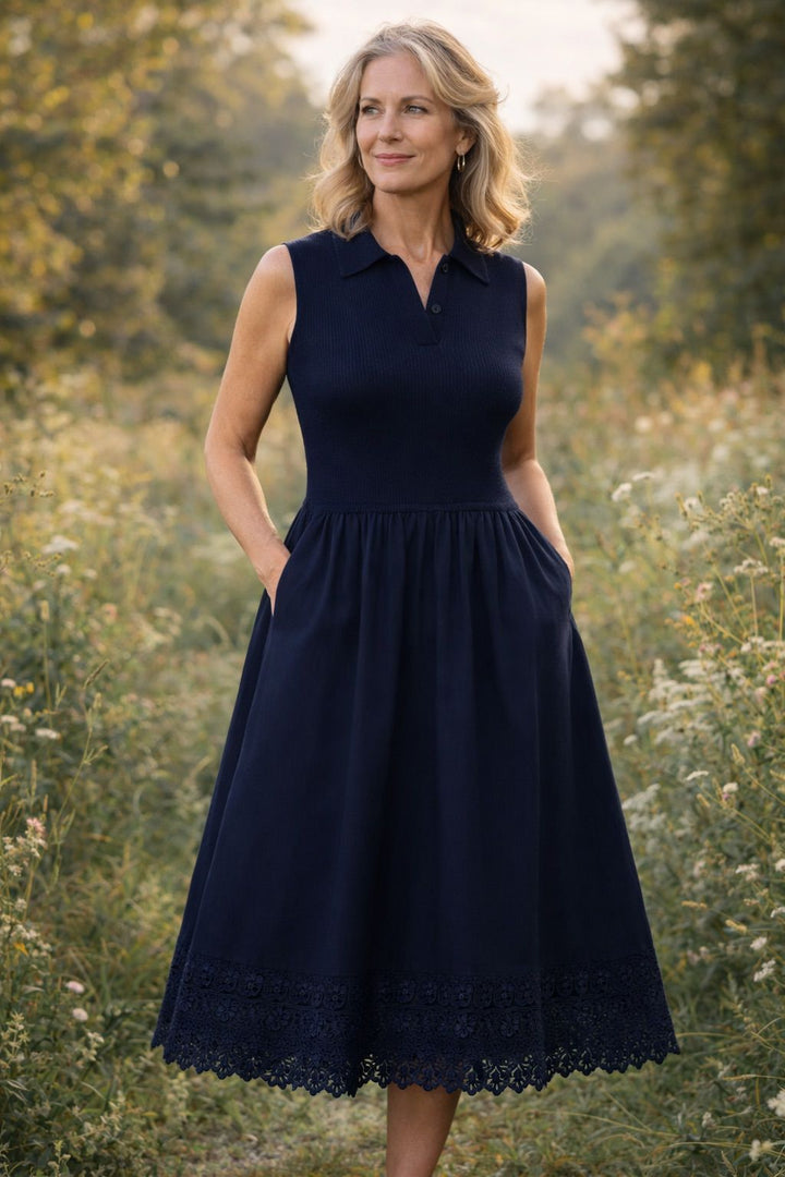 Romy Ribbed knit and Taffeta dress - Navy Blue