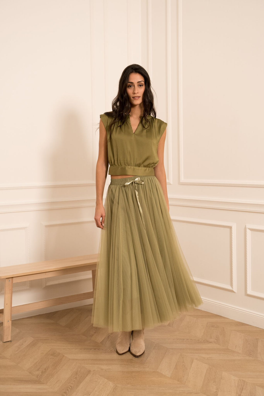 Kim Silk Blouse w/back Bow Tie - Salted Lime Green