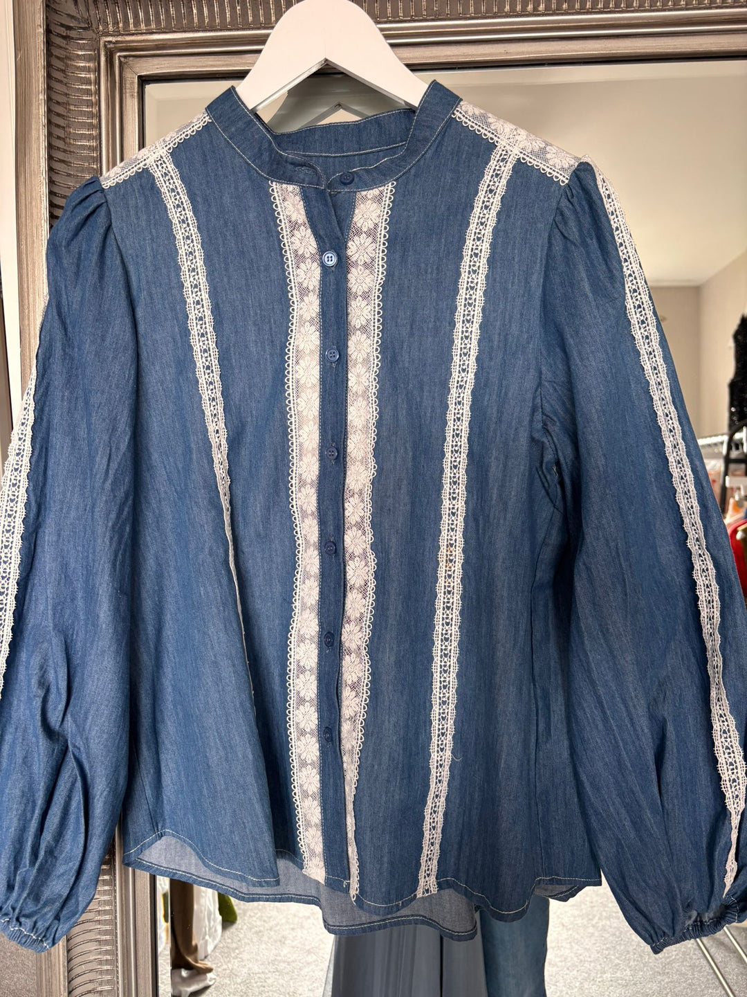 The Celeste Lace Trim Chambray Shirt Blouse - Blue