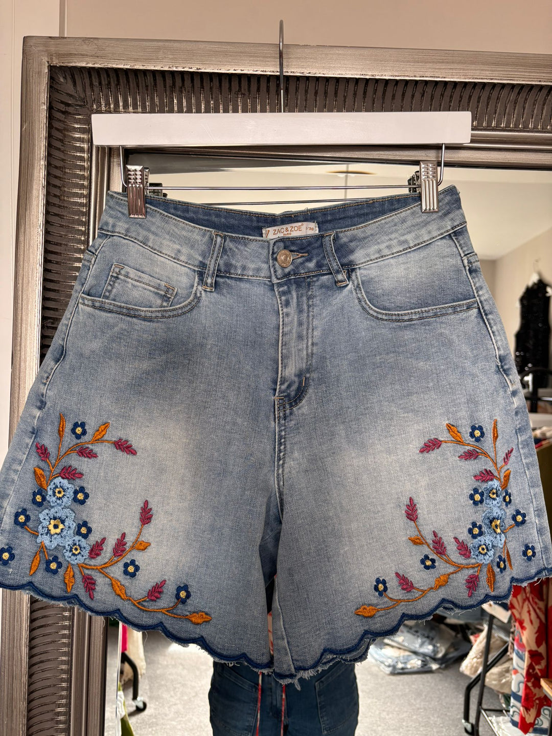 Wildflower Embroidered Scallop Hem Denim Shorts