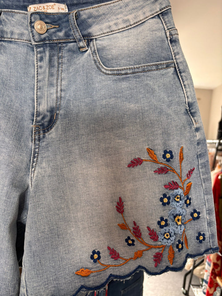 Wildflower Embroidered Scallop Hem Denim Shorts
