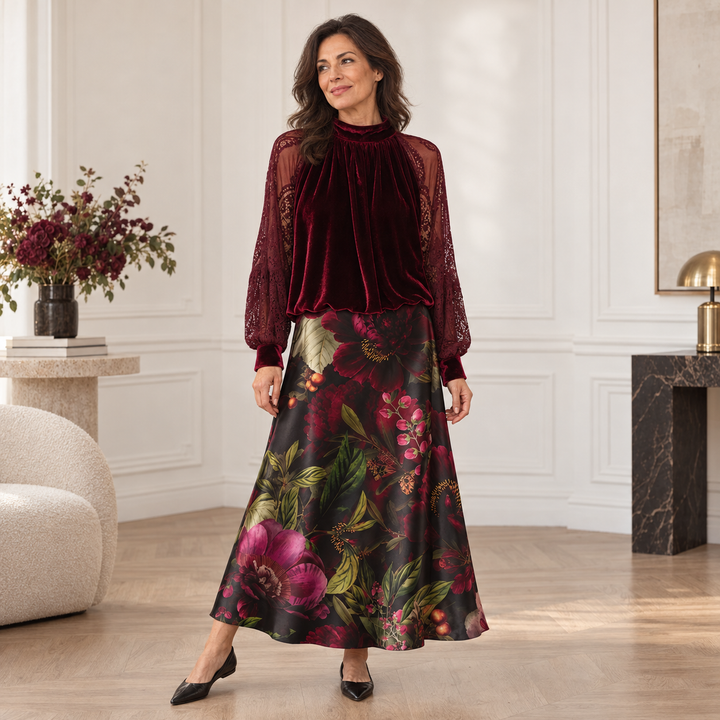 Satin Slip Skirt in Wine Floral Print