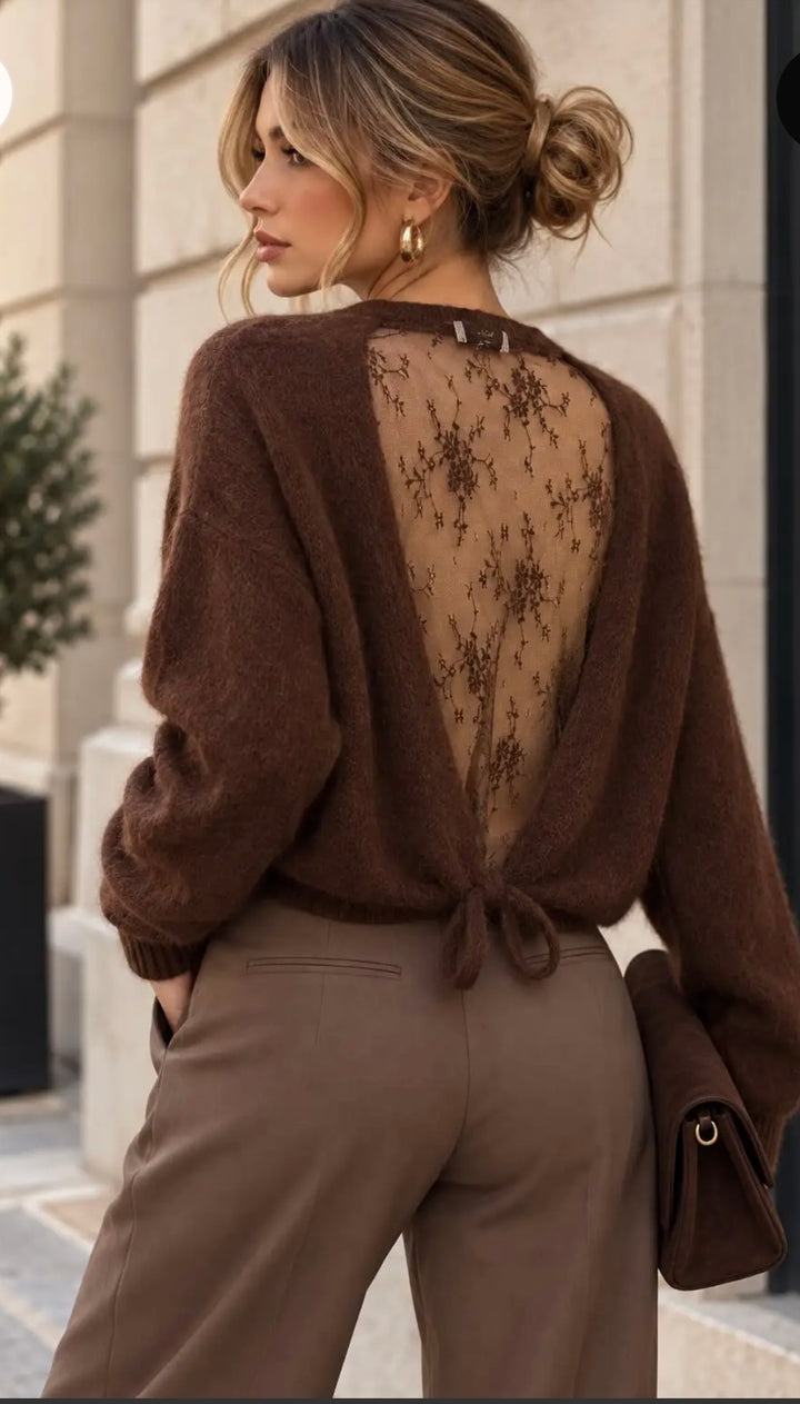 Kate Soft Knit Sweater with Open Back in Floral Lace w/ Tie Bow - Brown