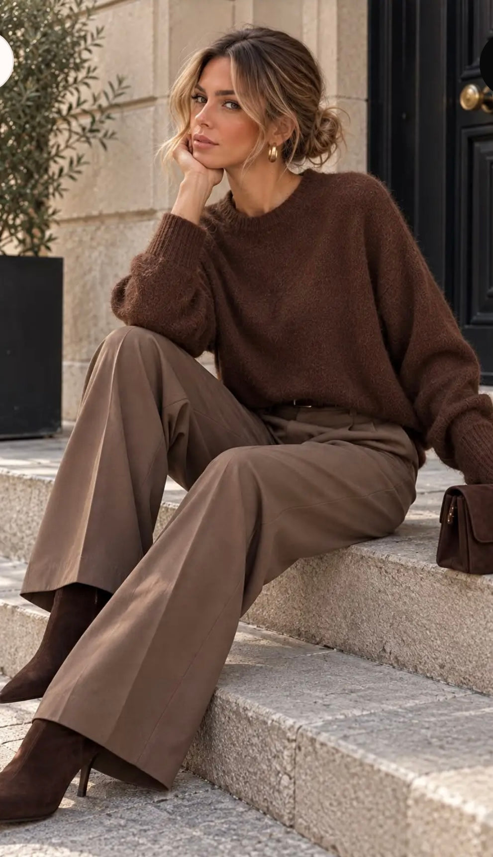 Kate Soft Knit Sweater with Open Back in Floral Lace w/ Tie Bow - Brown