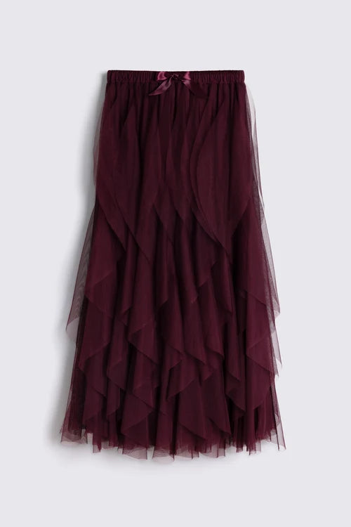 A dark burgundy tulle midi skirt with a layered, ruffled design and a matching fabric bow at the elastic waistband, shown against a light gray background.