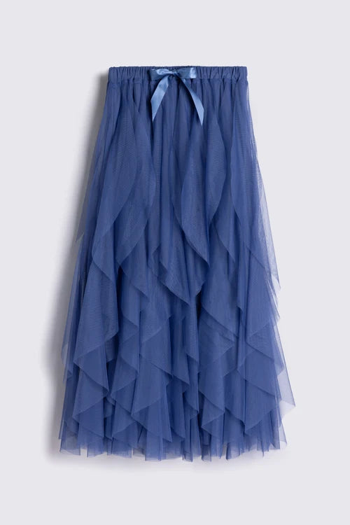 A blue tiered tulle midi skirt with an elastic waistband and a matching blue ribbon bow at the front, shown against a light gray background.