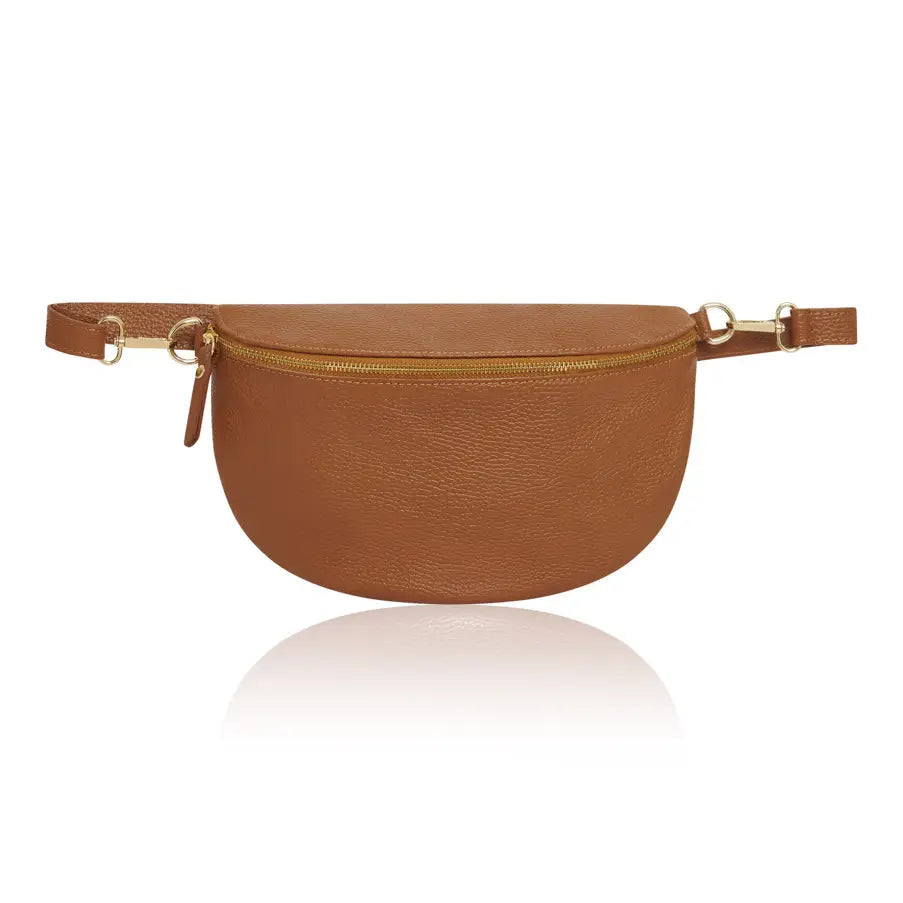 Brown leather waist bag with gold zipper on a white background