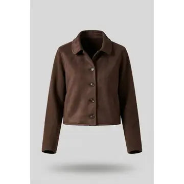 A dark brown cropped button-up jacket with a pointed collar and long sleeves, shown on a neutral light gray background with a soft drop shadow.