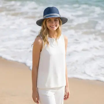 Jewelled Band Panama Foldable Hat  - Navy Blue