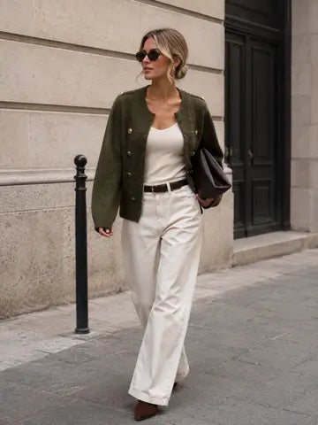 Knitted Cardigan with A Shimmering Effect and Gold Buttons – Chic Officer-Inspired Cut - Olive Green