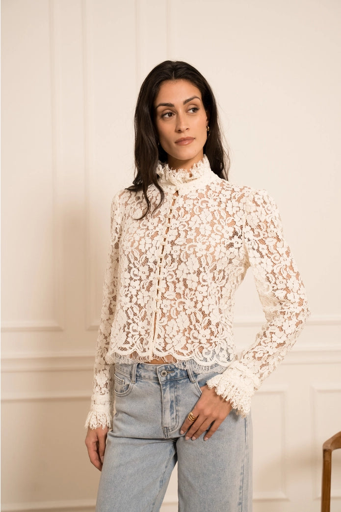 Woman wearing a white lace top and jeans against a plain background