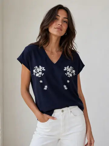Laila Embroidered Cotton V-Neck T-Shirt - Navy Blue Choklate Paris