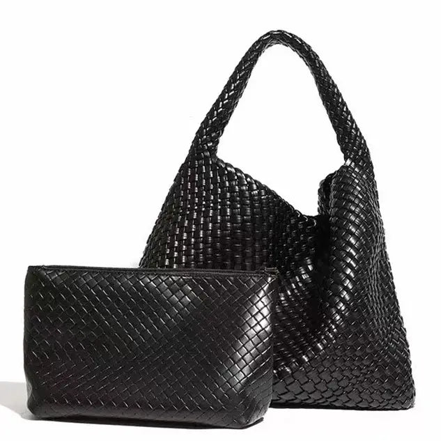 Black woven handbag and clutch on a white background