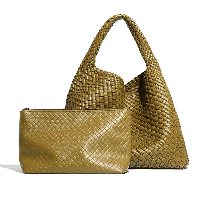 A woven leather shoulder bag in a muted olive-gold tone, shown with a matching zip-around clutch pouch on a plain white background.