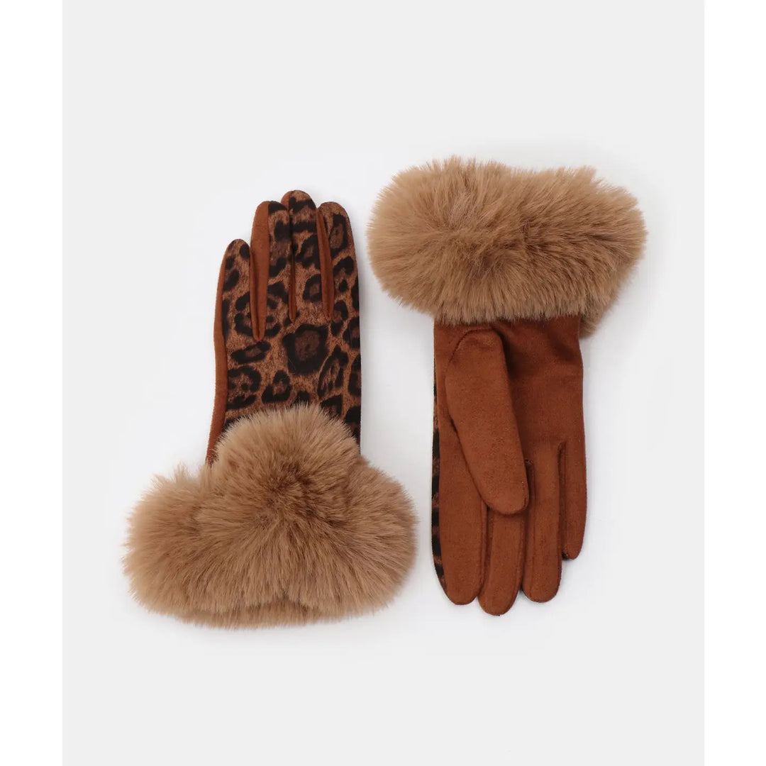A pair of women's winter gloves, one in brown faux fur with a leopard print back, and the other in brown suede with a wide tan faux fur cuff, displayed on a light gray background.