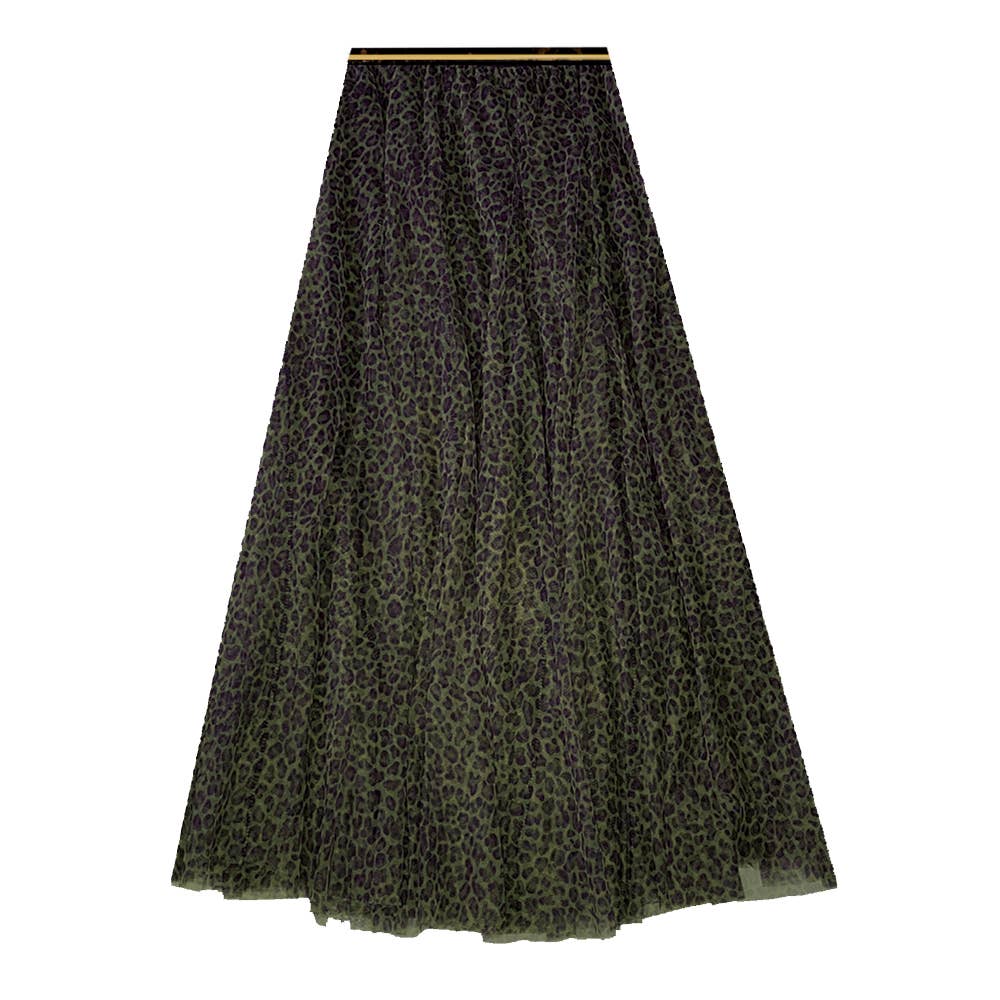 Last True Angel Leopard Print Tulle Layer Skirt - Olive/Black - Monica Luz