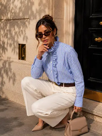 Lia Striped Ruffled Shirt - Blue
