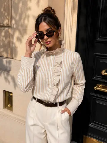 Lia Striped Ruffled Shirt - Beige/Cream